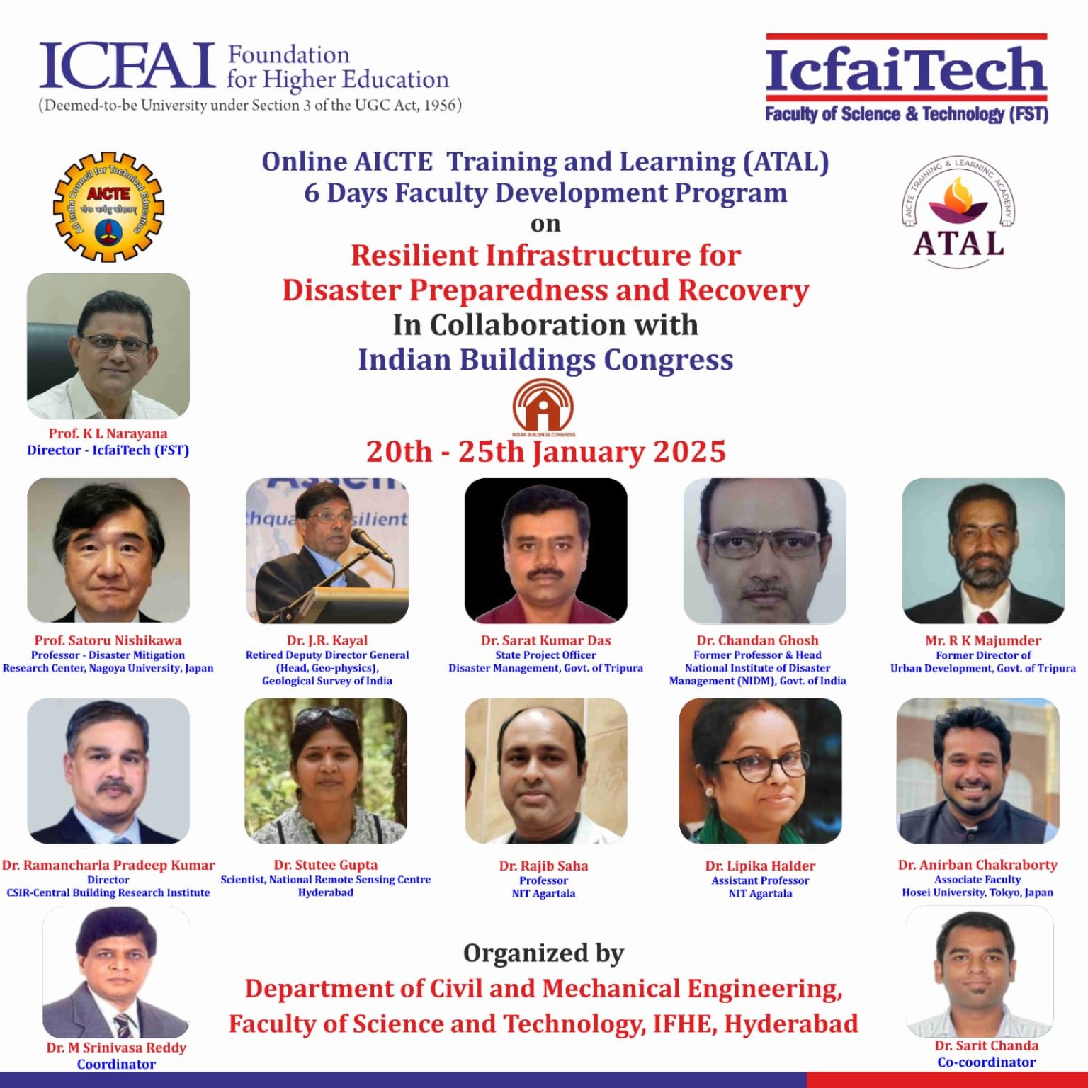 AICTE-sponsored 6-day Online ATAL-FDP on Resilient Infrastructure for Disaster Preparedness and Recovery