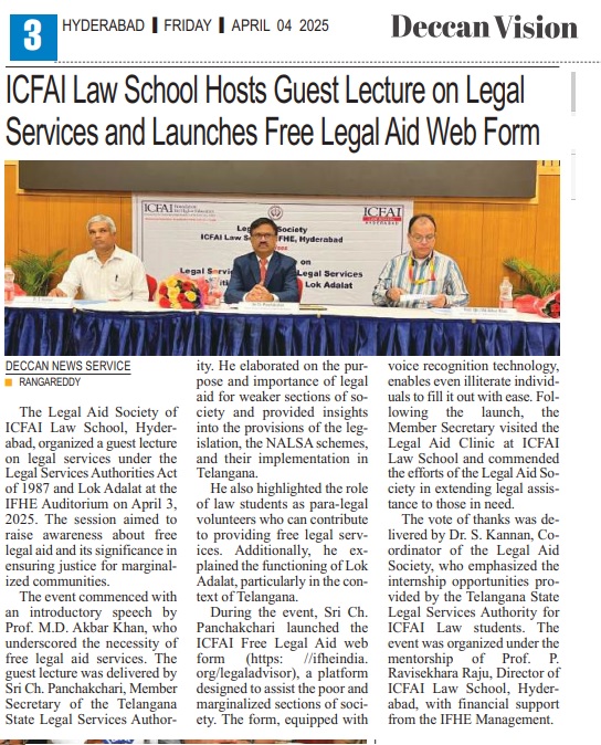 Guest Lecture on Legal Services under the Legal Services Authority Act and Lok Adalat and Releasing of Free ICFAI Legal Aid Web Form