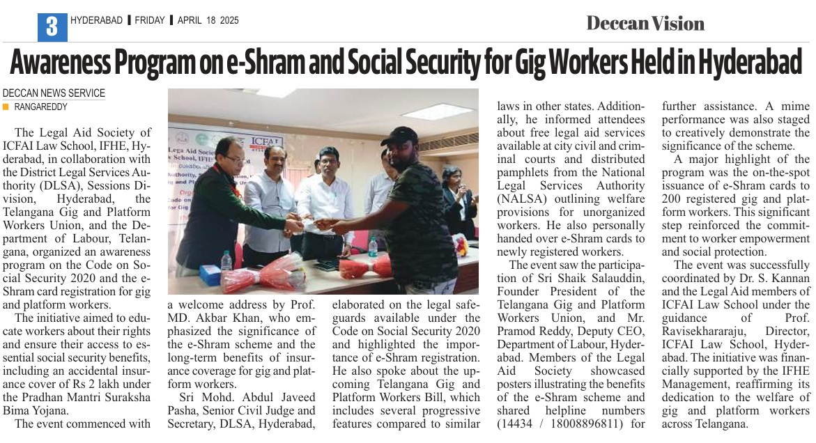 Awareness Program on Code on Social Security 2020 and E-Shram Registration for Gig and Platform Workers in Hyderabad City