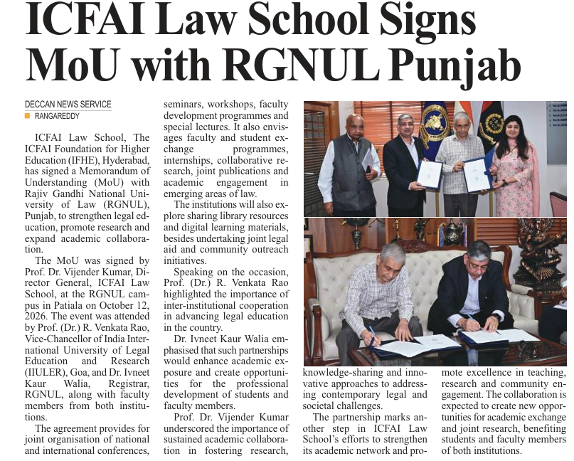 ICFAI Law School Signs MoU with RGNUL Punjab