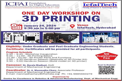 One Day Workshop On 3d Printing on 24th January, 2024