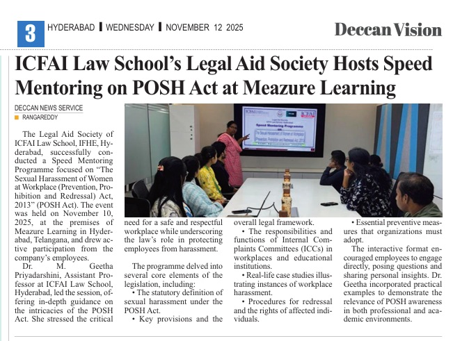 Speed Mentoring Programme on "The Sexual Harassment of Women at Workplace (Prevention, Prohibition and Redressal) Act, 2013.